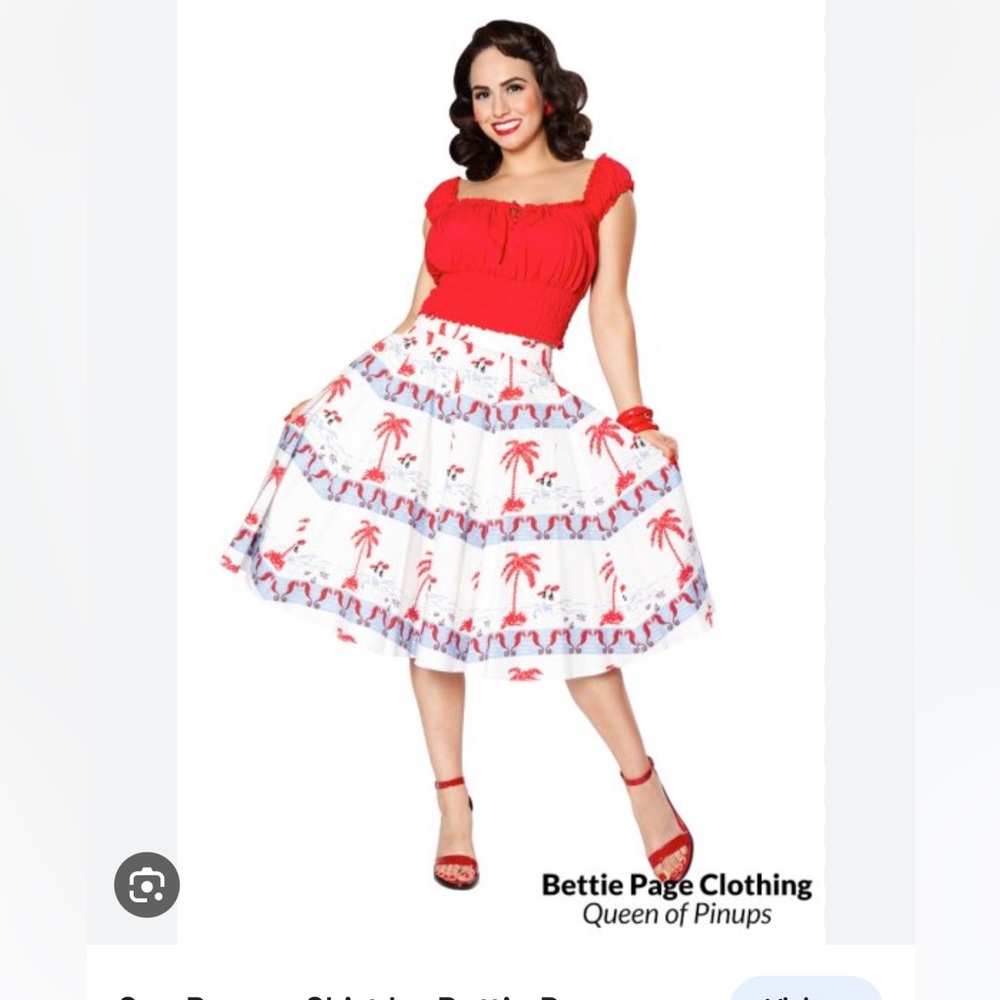 Bettie Page White A-Line Skirt with Red Palm Tree Print